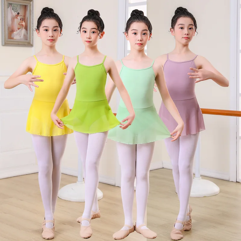 

Summer Kids Spaghetti Strap Ballet Leotards with Chiffon Skirt Nylon Dress Skirted Gymnastics Clothes for Girls Party Dancewear