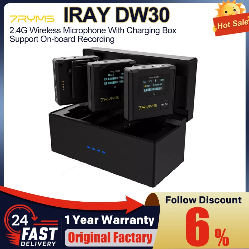 7RYMS iRAY DW30 무선 라펠 마이크, 충전 케이스 포함, 8G 녹음 전문 마이크, 모바일 캐논 니콘용, 2.4G