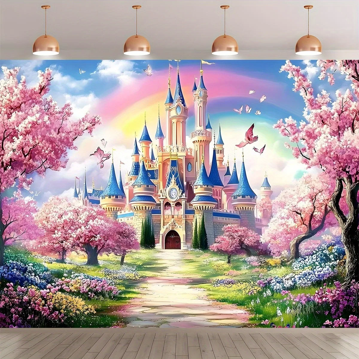 Prinzessinnenschloss Polyester-Hintergrundbanner für Zimmer, Schlafzimmer, Büro, Geburtstag, Jahrestag, Familien- und Partyfotohintergrund