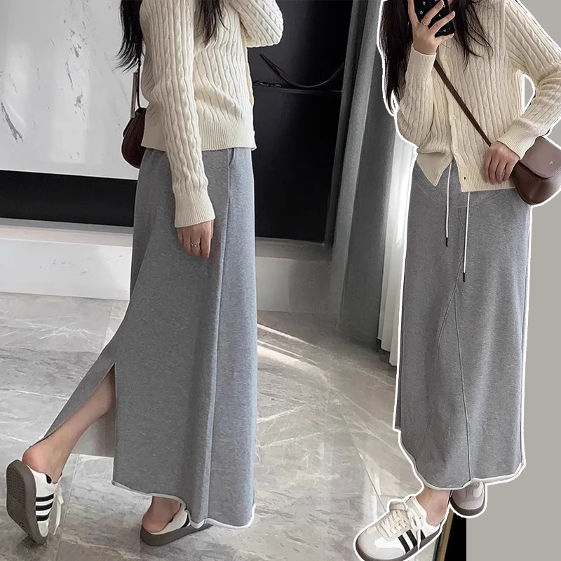 Good Quality Korean Style Pregnant Women Long Skirt Drawstring Waist Loose Casual Maternity Cotton Step Skirts Back Split Skirts
