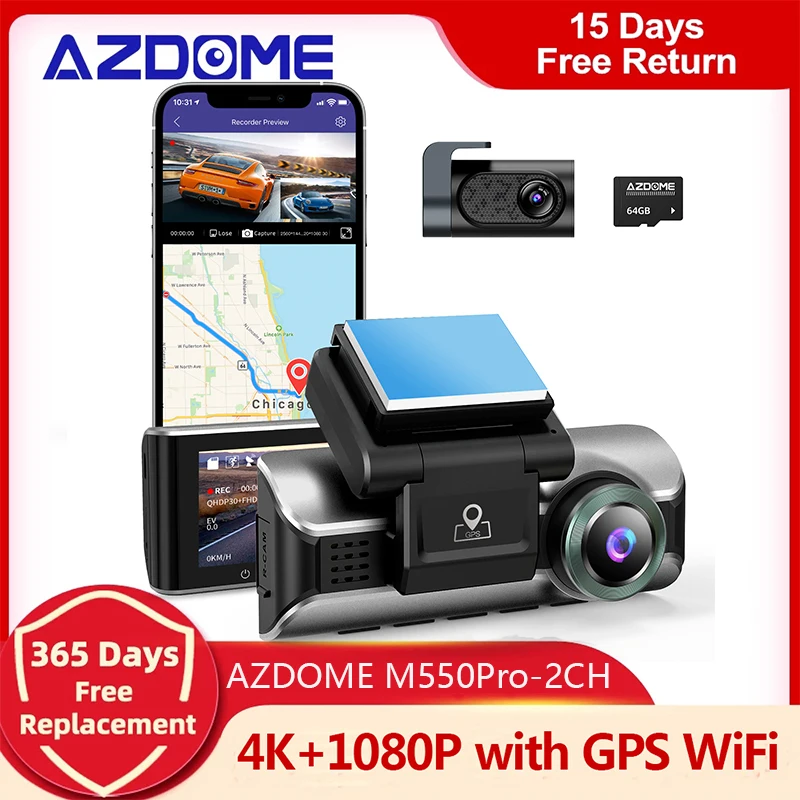 Azdome M550Pro-2Ch Dash Cam 4K Front + 1080 Rearcam Car Dvr Dual Camera Bulit-In Wifi Registratori Per Auto Ir Night Vision App Control