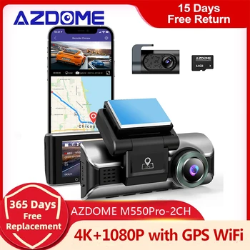 AZDOME M550Pro-2CH 대시 캠, 4K 전면 및 1080 후면 캠, 자동차 DVR 듀얼 카메라, 내장 와이파이 자동차 레코더, IR 나이트 비전 앱 제어
