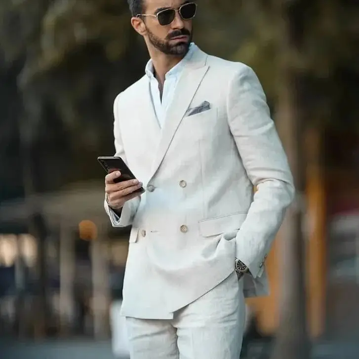 Men's Suits Spring  Arrival Linen Double Breasted Men Costume Homme Wedding Groom Tuxedo Slim Fit Blazer 2 Piece Jacket Pant