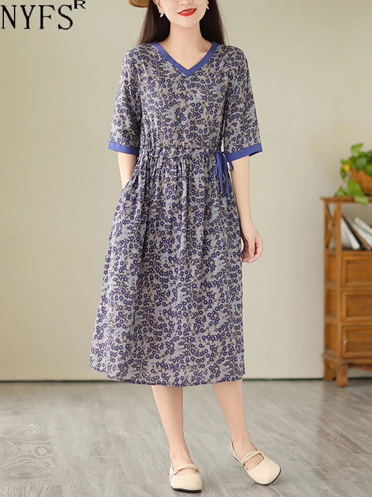 

NYFS 2023 Summer New Korea Woman Dress Vestidos Robe Elbise Loose Plus Size Cotton V-Neck Floral Short Sleeve Long Dresses