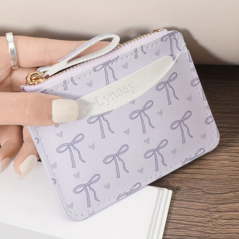 Women's Ultra Thin Zipper Wallet Pink Heart Bow Card Holder Lightweight Daily Use Card Case Zip Closure