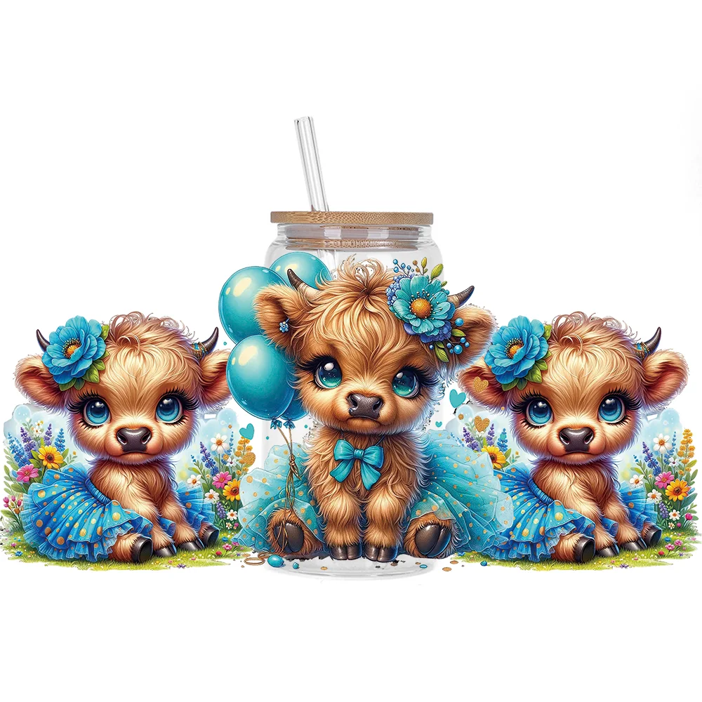 Highland cattle series Easy peel waterproof DIY Decals 3D transfers uvdtf crystal stickers 16oz uv dtf cup wraps for Glasses