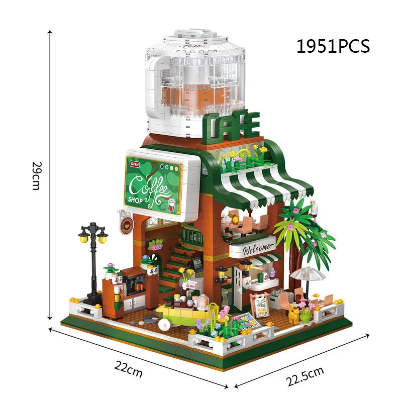City Street View Architecture Mini Block Self-service Coffee Shop Streetscape Cafe House Model Building Brick Bear Figures Toy