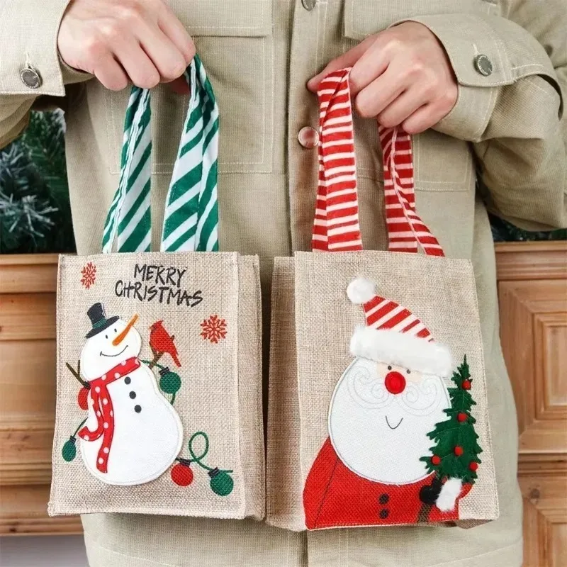 1-10PCS Christmas Burlap Gift Bags Santa Snowman Design Handheld Candy Bags for Holiday Party Favor Supplies and Decorations 3