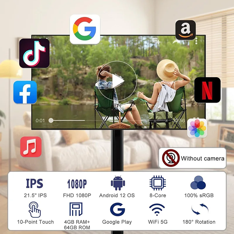 Mobile TV in House 22-Inch Portable TV on Wheels 1080P 6000mAh Rotating Smart Screen Mini With Base