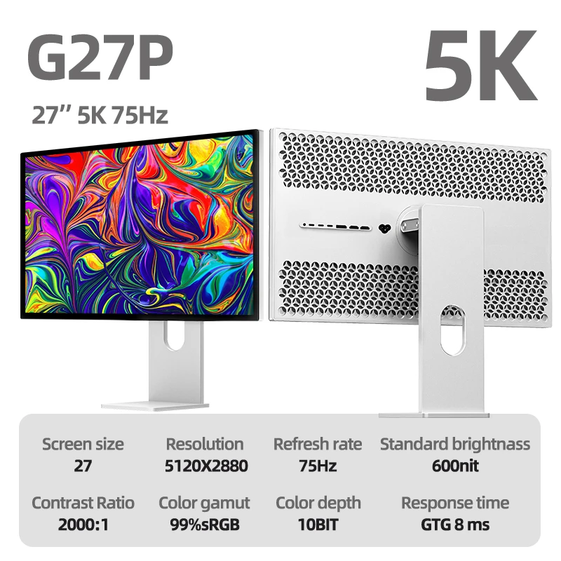 KUYCON G27P 27인치 5K 75Hz LED 게이밍 사무용 모니터 레티나 디스플레이 (사진 디자인, 데스크탑 사용, 알루미늄, 세로형)