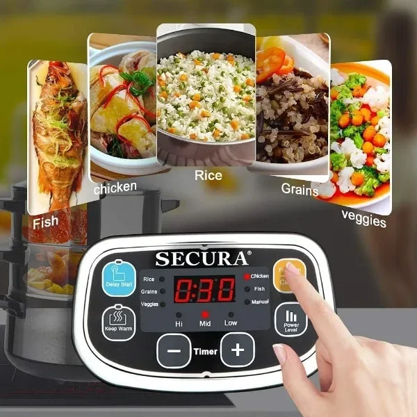 Secura Electric Food Steamer, Vegetable Double Tiered Stackable Baskets with Timer 1200W Fast Heating Stainless Steel 6