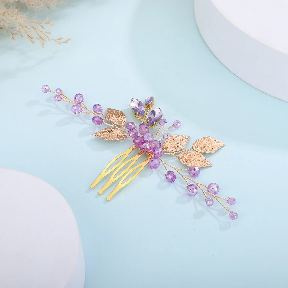 Purple Silver Crystal Leaf Hair Comb Prom Party Rhinestone Women Headpieces Wedding Accessories Bridal Headwear Bridesmaid Gift hair accessories bridal hair accessories