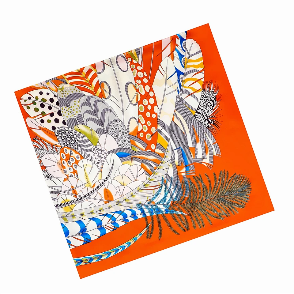 130cm Feather Design Brand Big Square Scarf Luxury Twill 100% Silk Scarf Women Kerchief Scarves For Ladies Fashion Shawl Echarpe 5