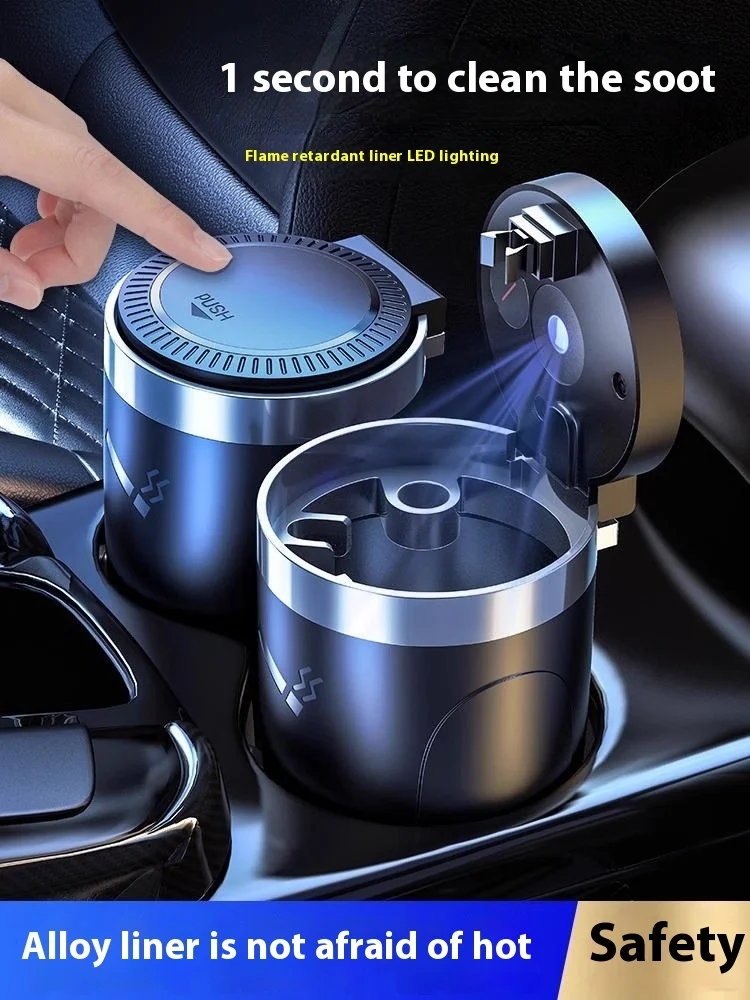 Car Ashtray Car on-board ashtray multi-functional with lid LED with light metal interior Odor-resistant One Touch Open portable