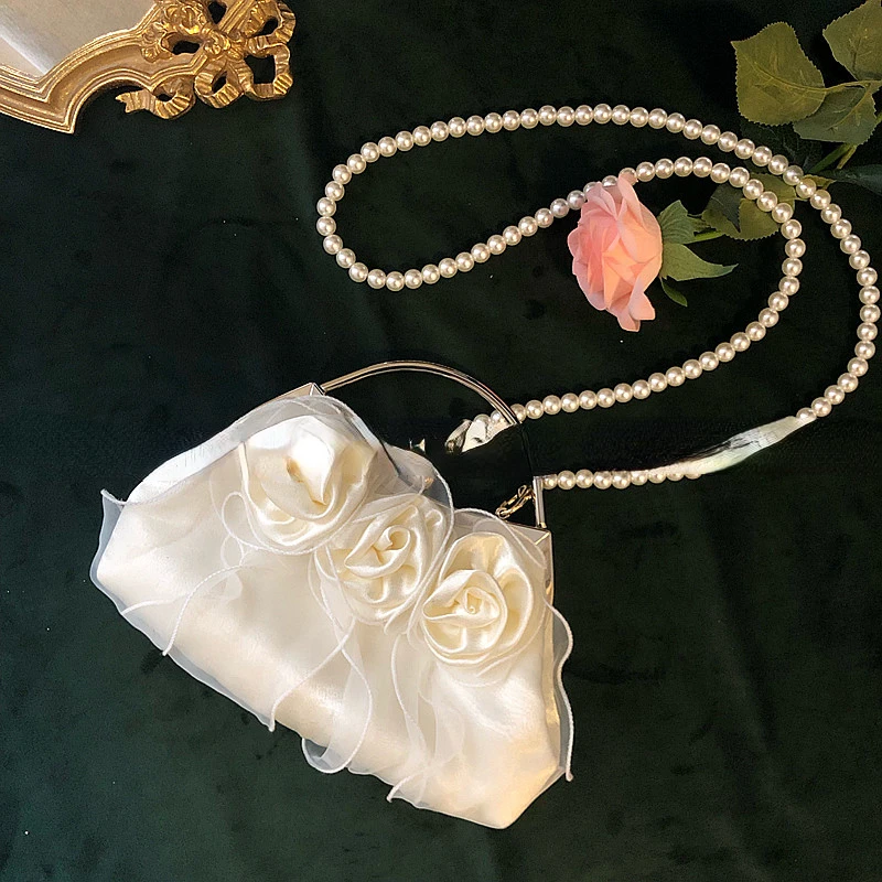 

Xiuya Elegant French Style Handbag White Flowers Applique Pearl Chain Shoulder Bag Fresh Sweet Fashion Girls Party Crossbody Bag