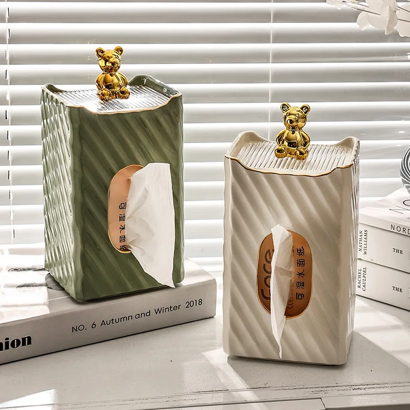 

Bear Toilet Tissue Box for Living Room, Ceramic Striped, Nordic Style, Paper Extraction Box, Household Face Towel Storage Box