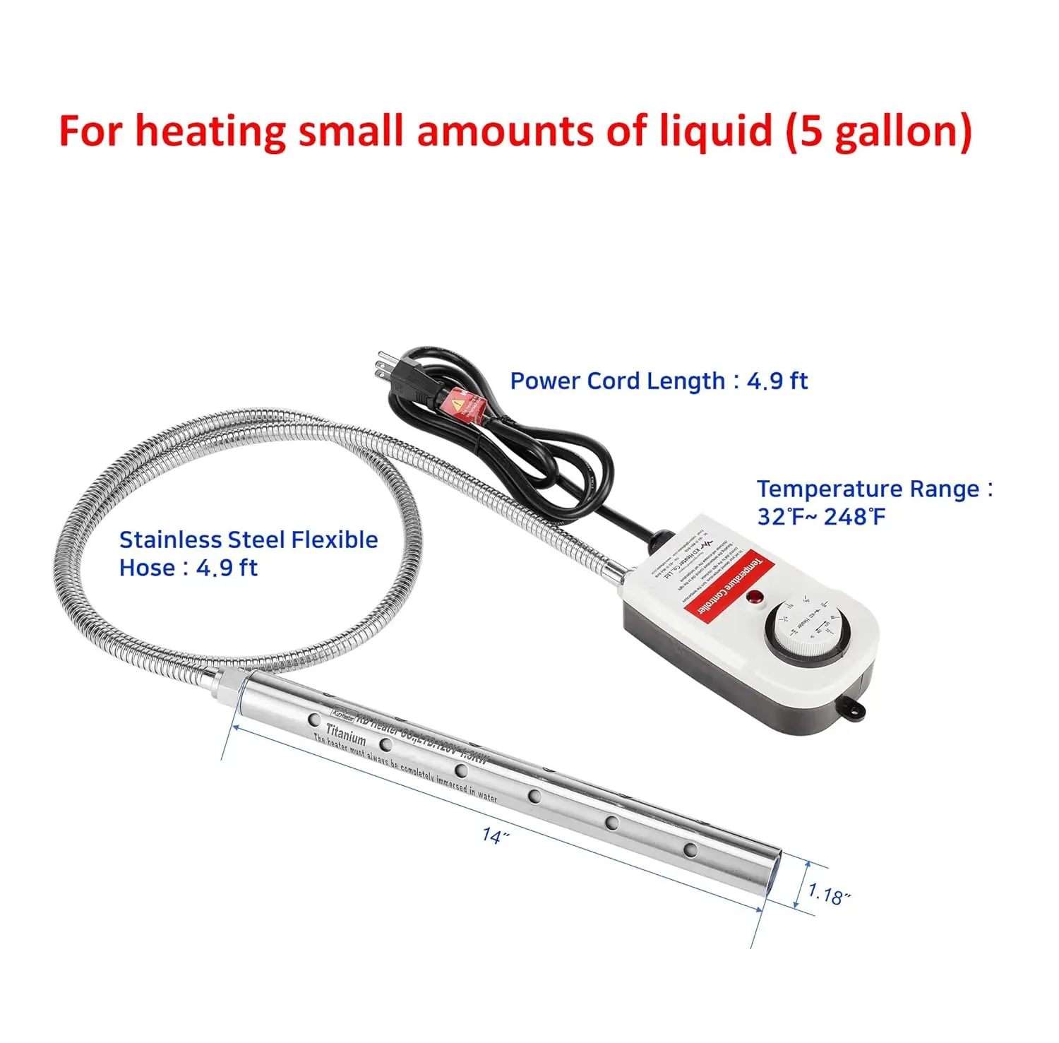 1300W Titanium Fully Submersible Portable Electric Immersion Water Heater 100% Waterproof Built-in Thermostat Auto Shutoff