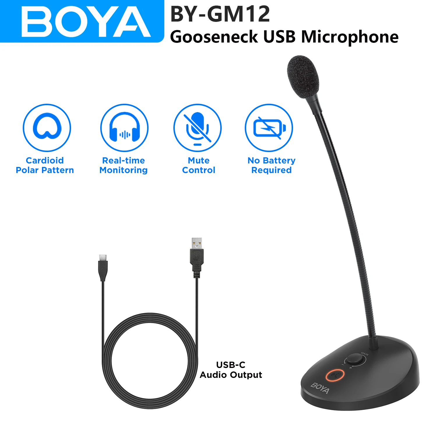 

BOYA BY-GM12 Desktop Gooseneck Computer Microphone with Base LED Indicator for Meetings Video Conferences Streaming Lectures