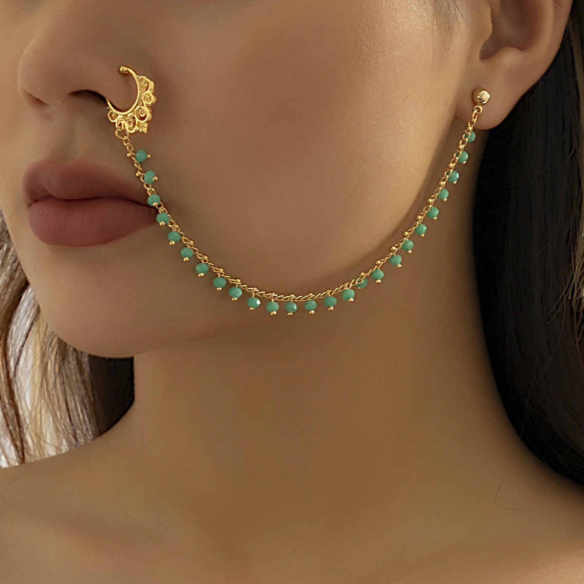 Lacteo Trendy Nose Rings for Women Connecting Earrings Black Green Small Crystal Beads Fake Nostril Piercing Clip Jewelry Ladies