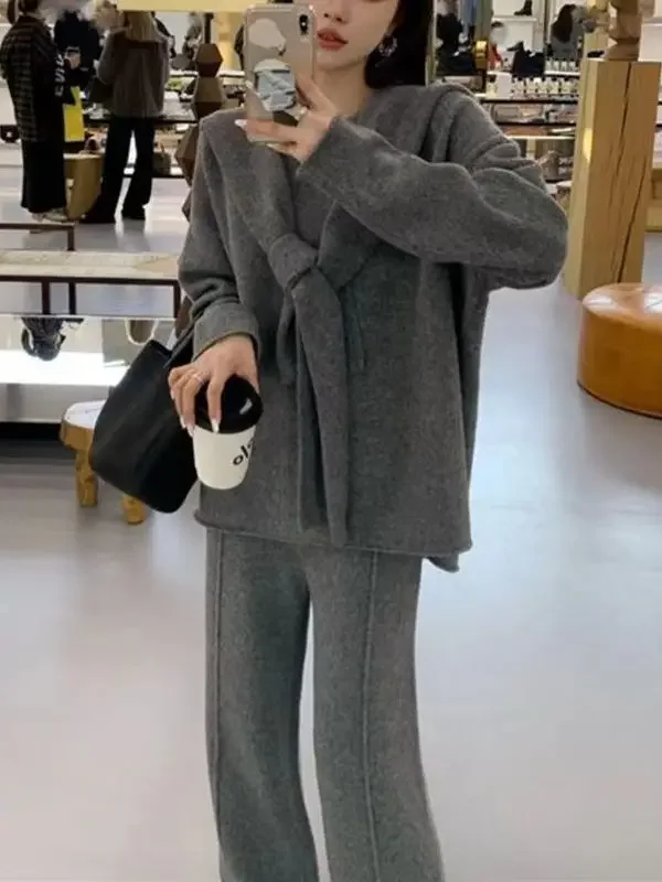 

Knitted Cardigan Sweater Suit Women Set Elegant Solid O-Neck Pullovers and Shawl+Wide Leg Pants Suit Lady Winter 3 Piece Set