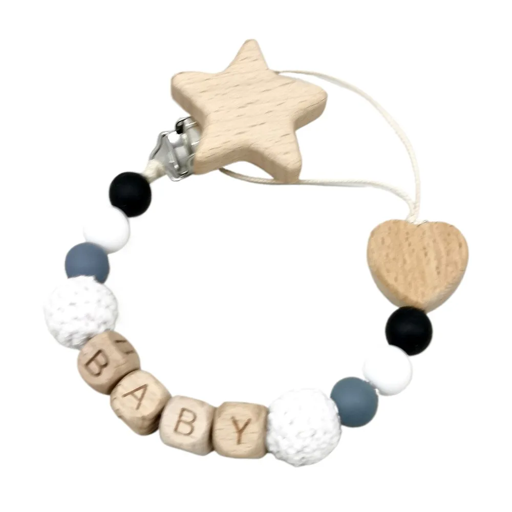 Personalized Name Baby Pacifier Clips Wooden Star & Heart Beads, Colorful Crochet Beads, Anti-Drop Soother Holders