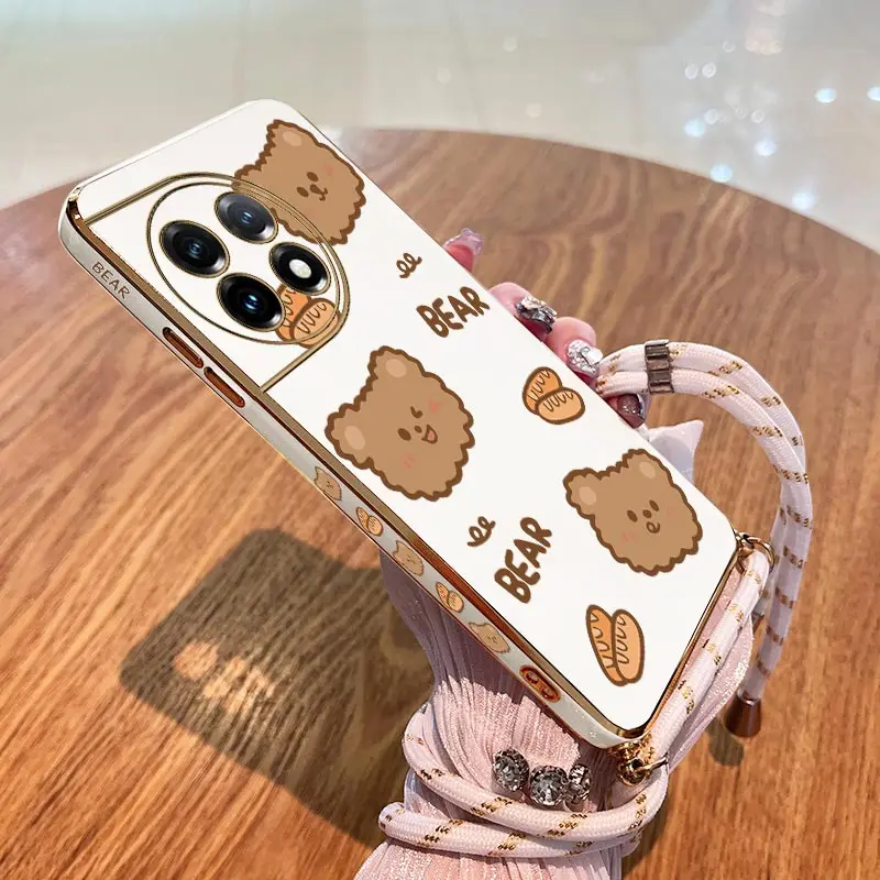 

Cartoon Bear Lanyard Plating Phone Case For Oneplus 11R 10R 10T 11 10 Pro 9 9R 9RT 8T 8 8 Pro Cover