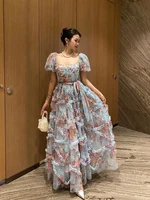 GALCAUR الحلو المرقعة شبكة فستان للنساء ساحة طوق نفخة الأكمام عالية الخصر ضرب اللون الأزهار طباعة سترة فساتين الإناث 1