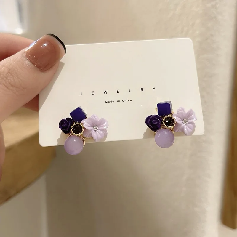 Taro Purple Flower Stud Earrings for Women Crystal Round Ball Mini Earrings Cute Girls Earrings Fashion Ear Jewelry brincos