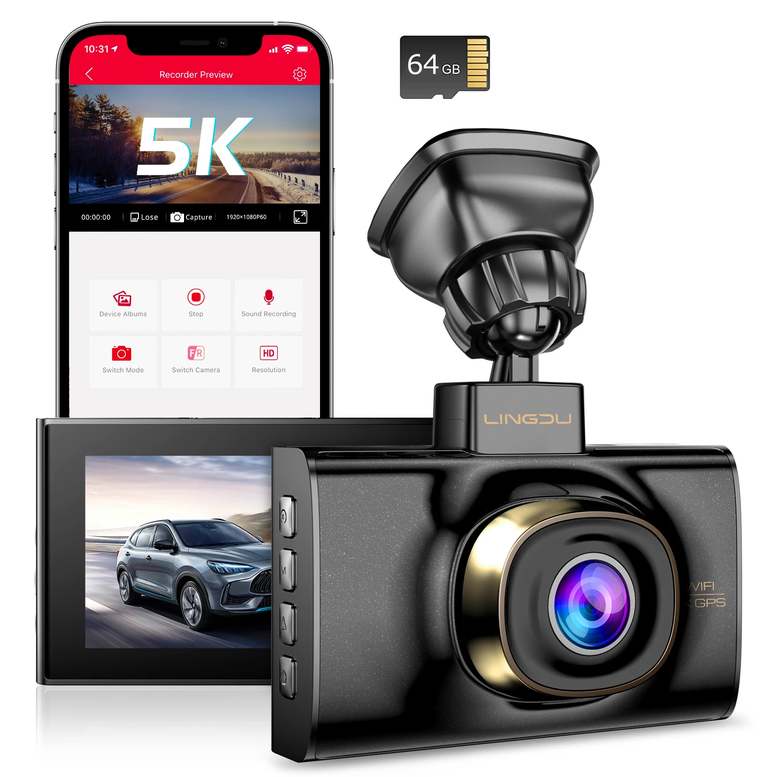 LINGDU 5K Dash Cam LD02, 5G WiFi 3 inch IPS screen 150FOV WDR IR night vision GPS G sensor 24H parking mode