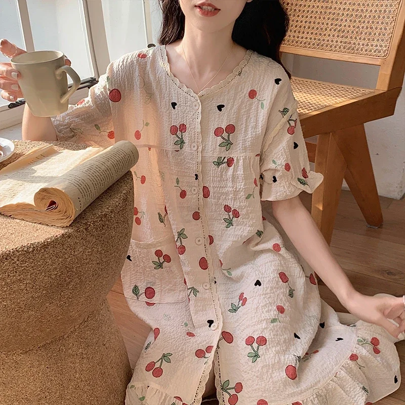 

Summer Korean Style Loose Nightdress Women Lace Floral Printed Nightgown Japanese Thin Bathrobe Pajamas Nightwear Robe