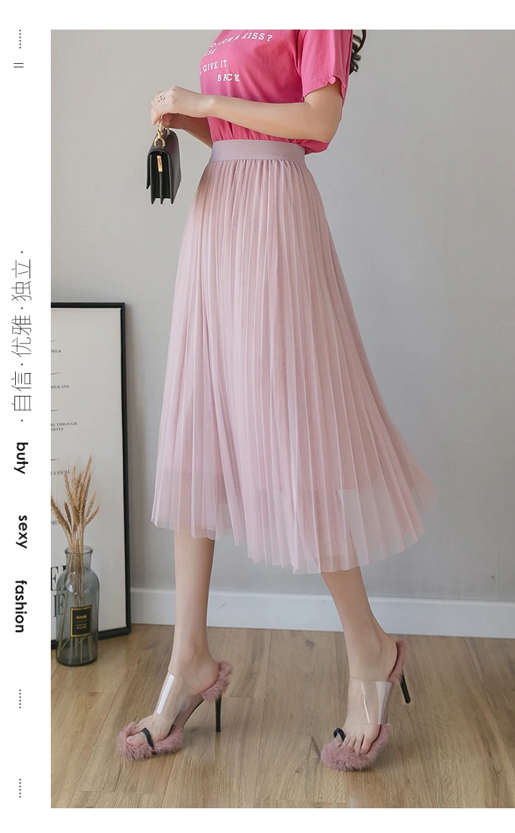 tennis skirt Women Pleated Mesh Mid Length Skirt Summer Elastic High Waist Fashion Solid Korean Casual Party A-Line Tulle Skirts Female 2022 white denim skirt