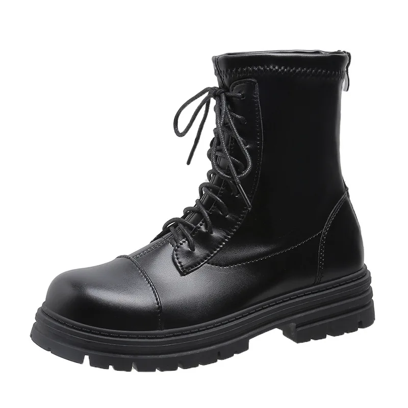 TSTCTB Women PU Leather Ankle Boots Female Round Toe Platform Block Mid Heel Lace-up Zipper Lady Short Boot Autumn Winter Shoes