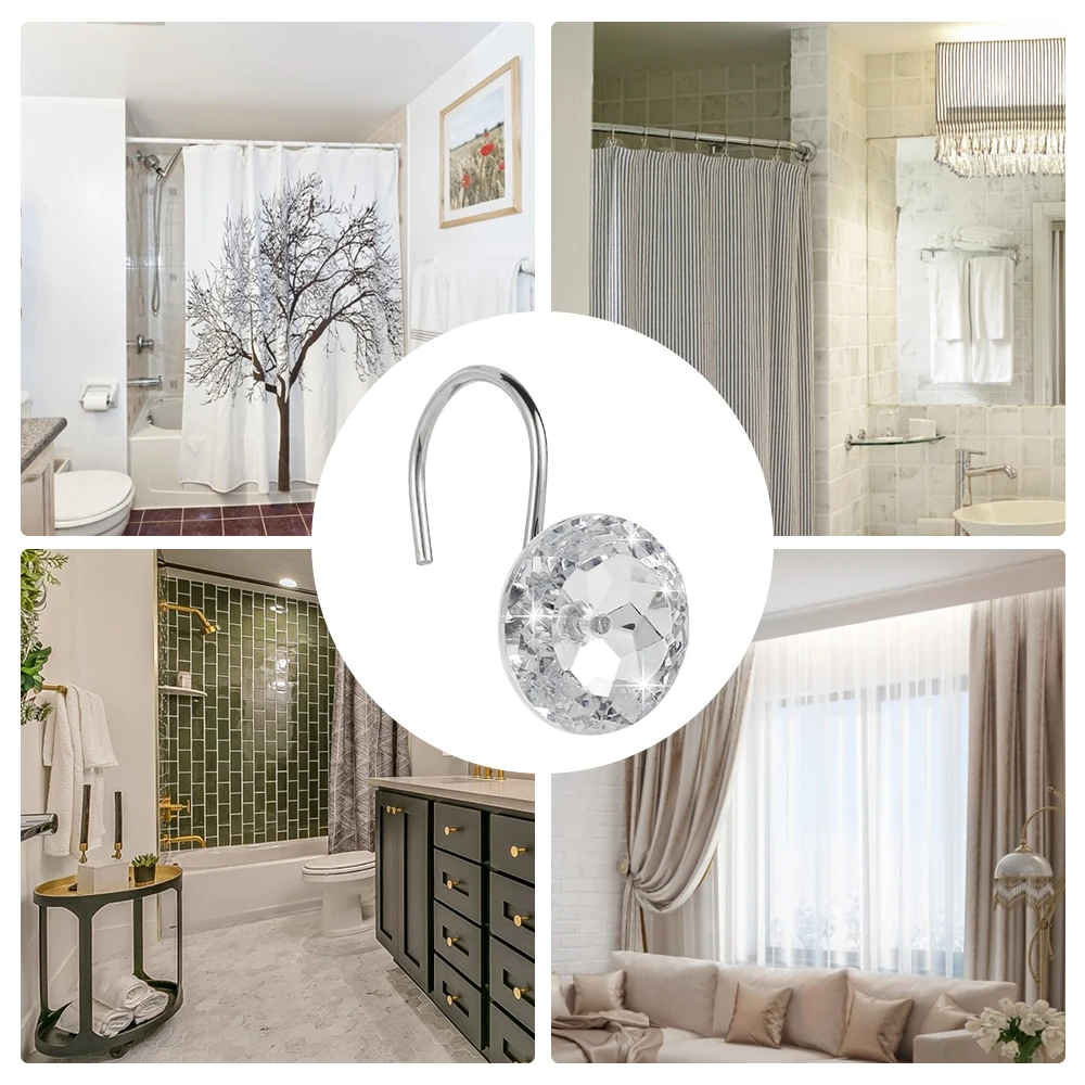 12pcs Shower Curtain Hooks Acrylic Crystal Shower Curtain Rings Rustproof Round Diamond Decorative Rings Hooks