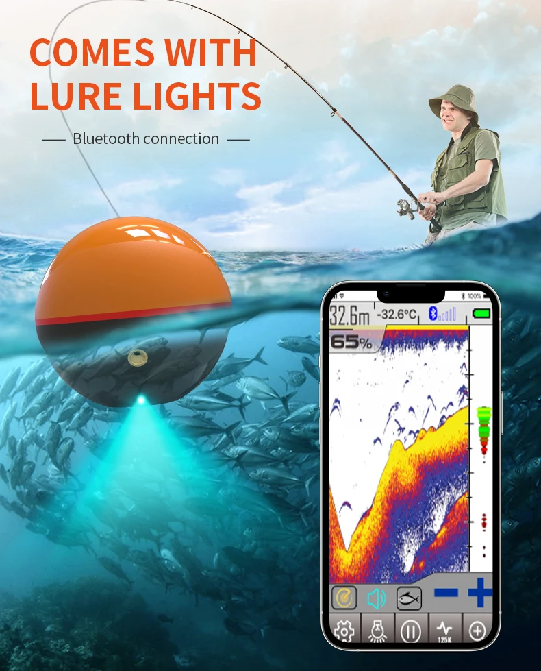 

Erchang Wireless Fish Finder Depth Echo Sounder Dual Frequency 125KHz 330KHz Sonar Alarm Transducer Fishfinder IOS Android GPS