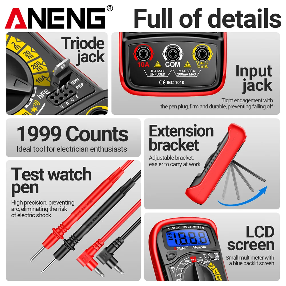 디지털 멀티미터 1999 카운트 AN8204 ANENG HFE 트라이오드 버저 테스트 AC/DC 전압 10A 전류 저항 멀티미터 DIY 도구