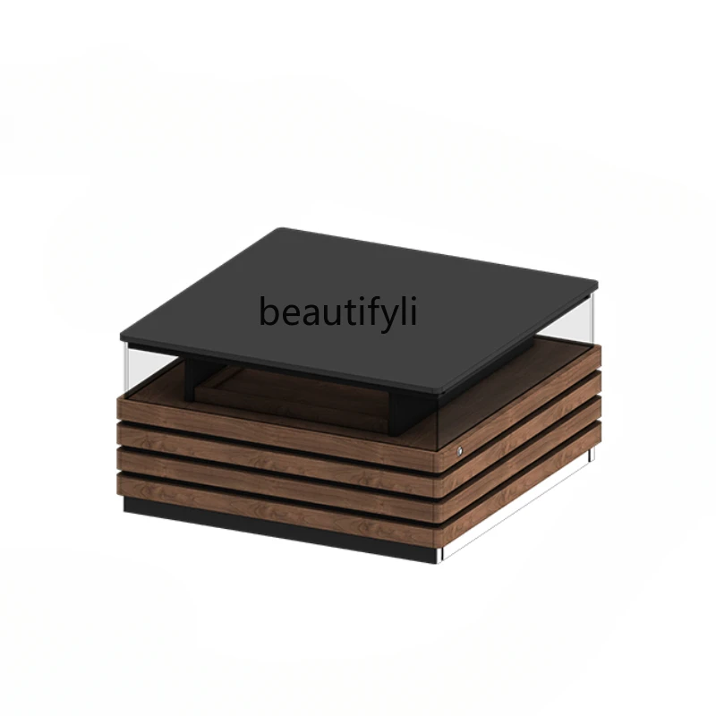 

Stone Plate Coffee Table Solid Wood Lighting Atmosphere Black Walnut Modern Black Square Small Apartment Minimalist