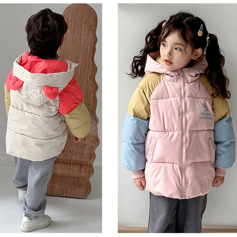

Зимняя бархатная теплая куртка с капюшоном, повседневное универсальное пуховое пальто для мальчиков и девочек, модная новая детская одежда