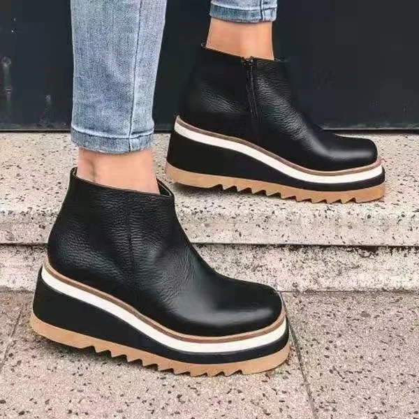 

Leather Boots Women Platform Heels Ankle Boots Wedges Casual Fashion 2023 Punk Thick Bottom Shoes Zapatos De Mujer Booties Woman