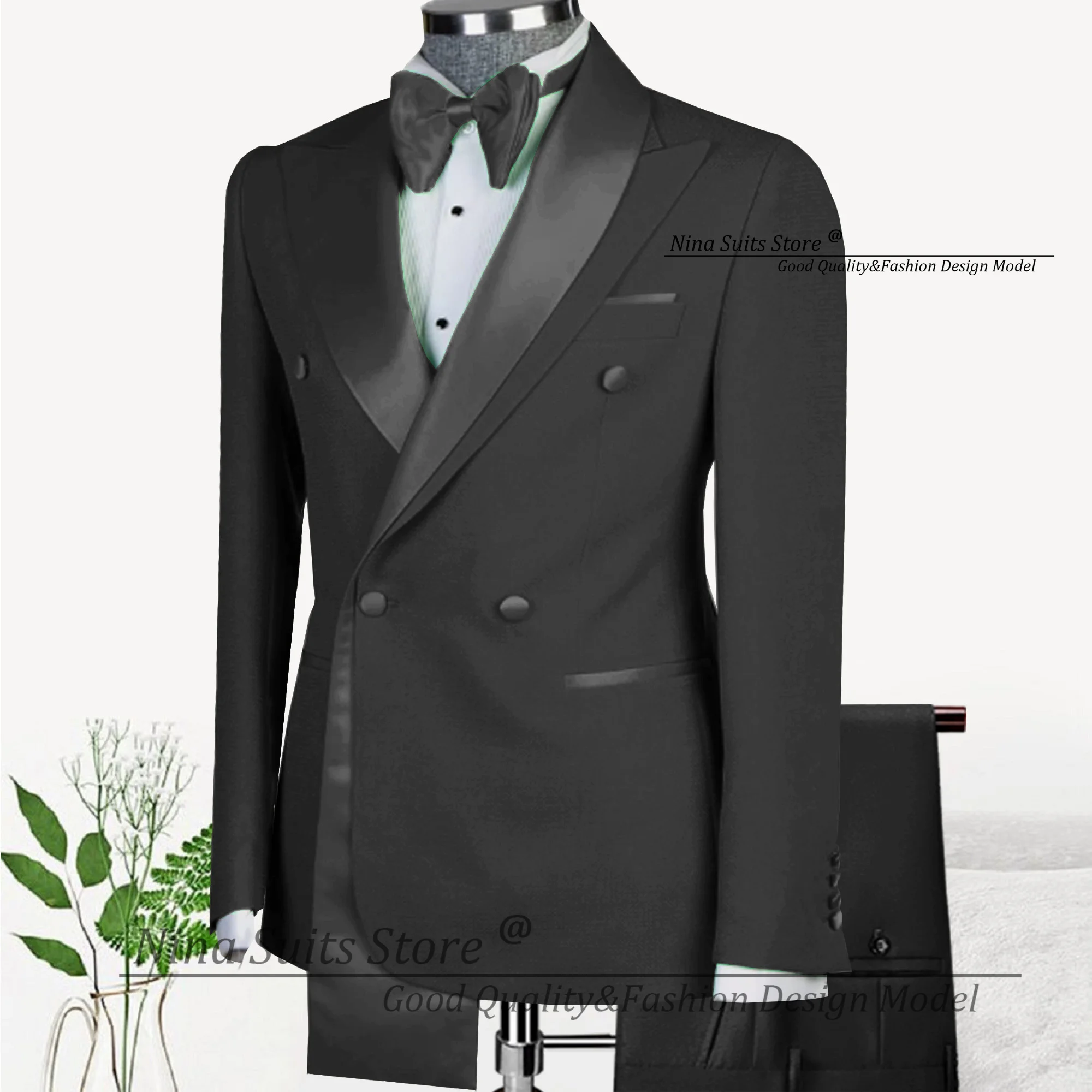 Nina Store New Suits 2-piece Men's Cocktail Party set Jacket with Satin Ribbon Pants Slim Fit Groom's Wedding Costume