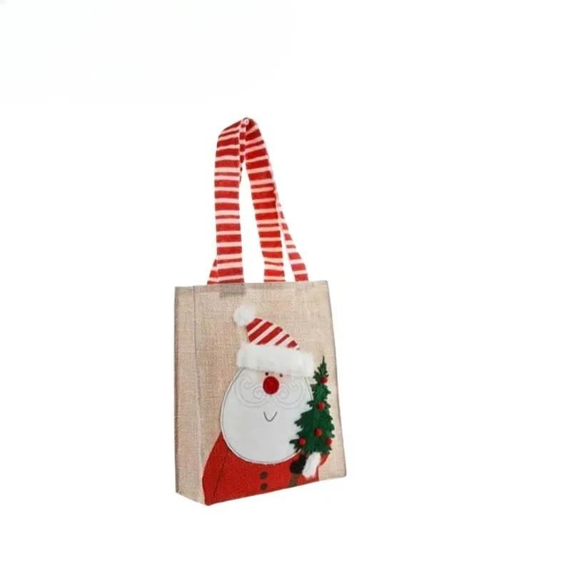 1-10PCS Christmas Burlap Gift Bags Santa Snowman Design Handheld Candy Bags for Holiday Party Favor Supplies and Decorations 6
