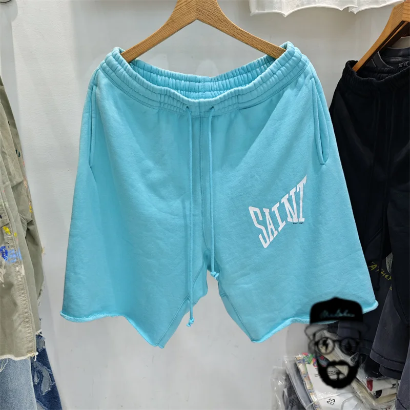 

Free shipping high-quality blue pure cotton Saint Michael lettered printed casual loose men's and women's gym shorts