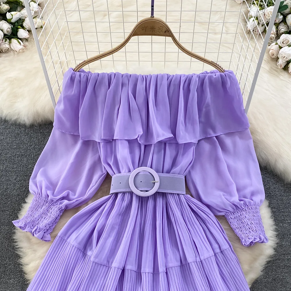 Women Vintage Off Shoulder Dress Chiffon Summer Sweet Lotus Leaf Edge Elegant Pleated Dresses Ladies Evening Party Long Dress