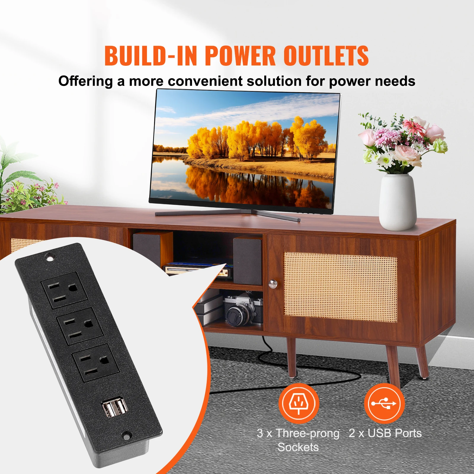 Rattan Mid Century Modern TV Stand with Adjustable Shelf