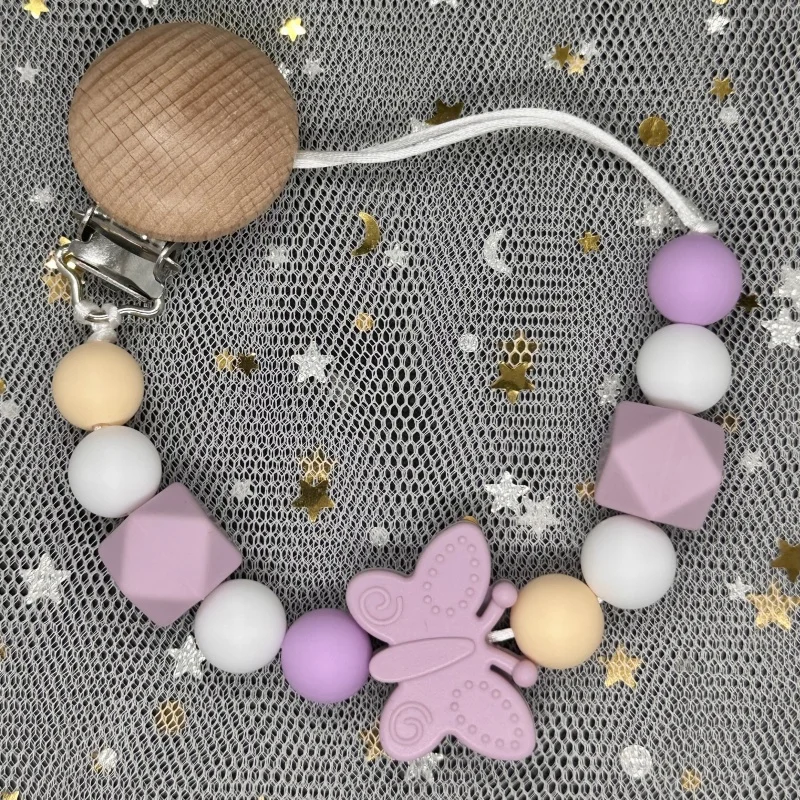 Baby Handmade Beech Dummy Pacifier Clips Silicone Beads Butterfly Chain Pacifier Chains for Baby Teething Toys Newborn Chew Gift