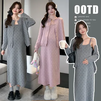 Maternity Suit Autumn New Arrival Korean Style Sweet Cute Polka Dot Knitted Camisole Dress And Single Breasted Crew Neck Coat