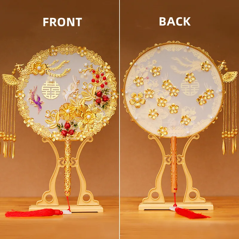 Description Picture 4 of item32*22cm Wedding Bridal Hold Fan Handmade Vintage Chinese Decorative Fan For Bride Photography Ornaments Decor