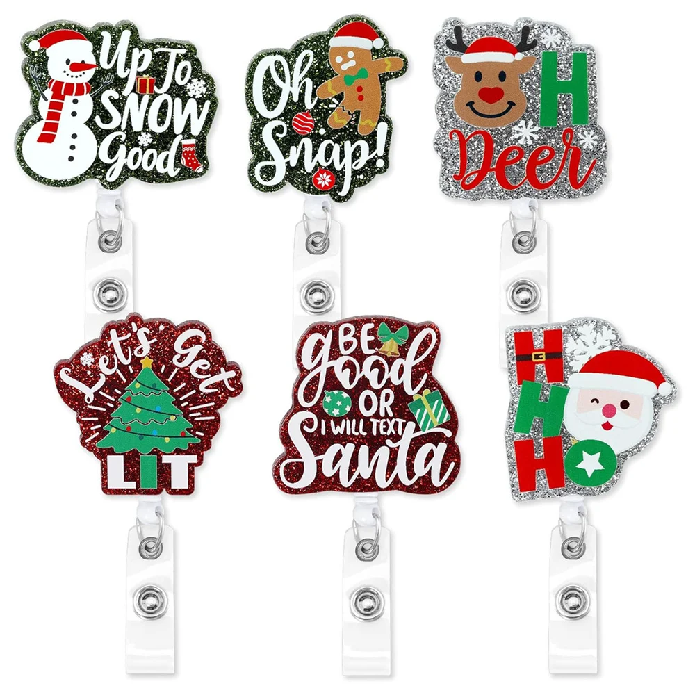 1pcs Christmas Acrylic Glitter Nurse Badge Reel Clip Holder Santa Claus Retractable Doctor ID Card Holder Xmas Decoration Gift