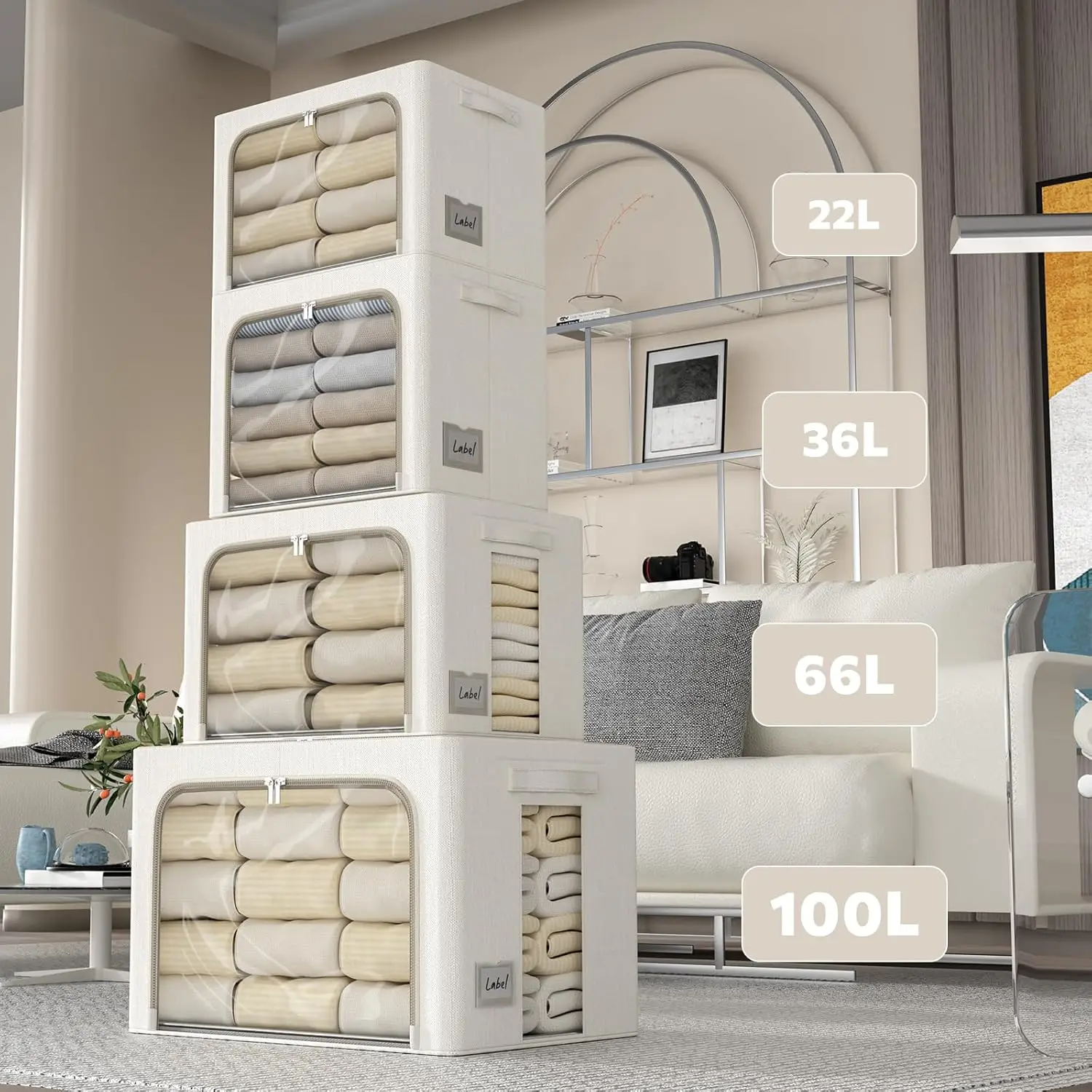 6 Pack Clothes Storage Bins with Metal Frame Foldable Storage Bins for Clothes Linen Fabric Storage Box with Clear Window (Lvory 6