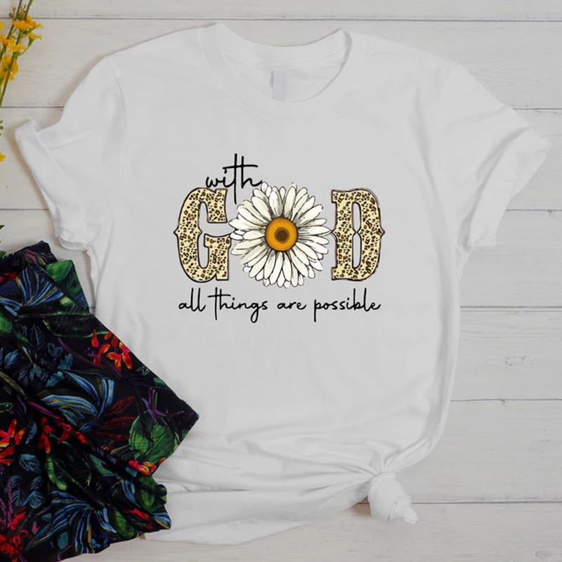 

Sunflower Jesus Letter Print Tee Christian Top Short Sleeve Basic Style Female T-shirt Custom Clothing