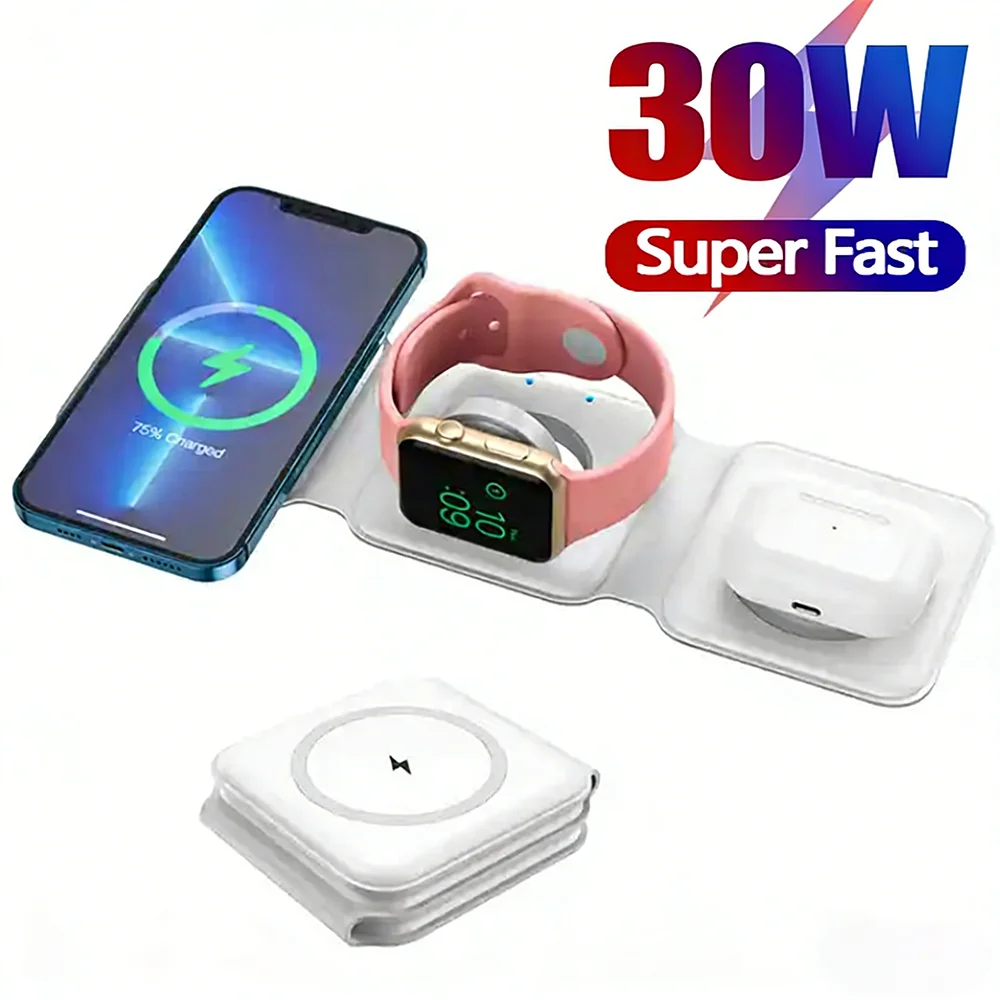 3 in 1 Magnetic Wireless Charger Pad for iPhone 16 15 14 13 Pro Max Apple Watch 9 8 AirPods Chargers Fast Charging Dock Station